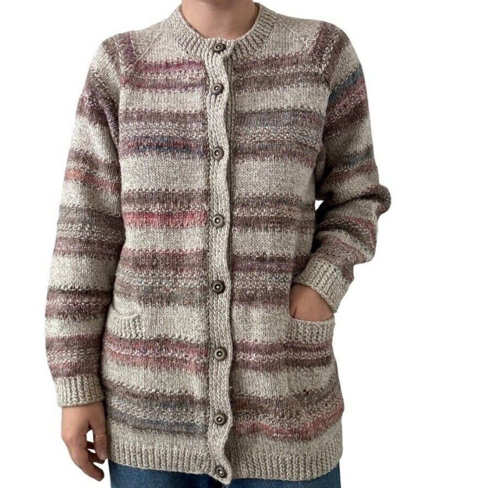 Hand Knit Womens Pastel 100% Wool Crew Neck Striped Hippie Rainbow Cardigan sz L